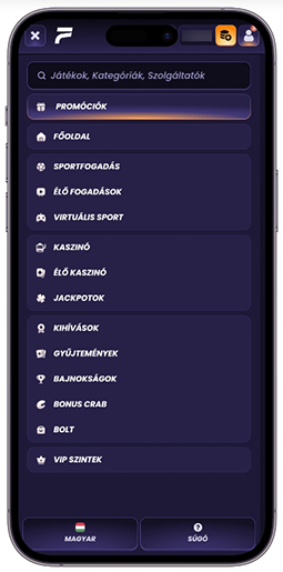 A kaszinó weboldal főmenüje