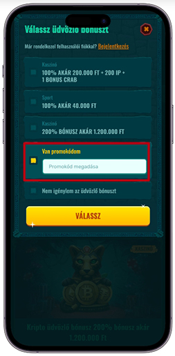 A promóciós kód megadása