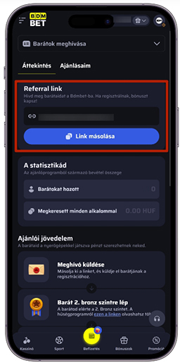 Saját fiók részleg a referral program statisztikájával