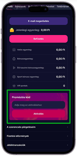 A promóciós kód aktiválása a kaszinó weboldalán