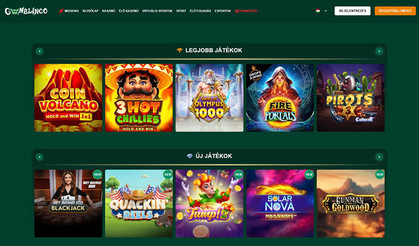 A Gomblingo Casino hivatalos weboldala