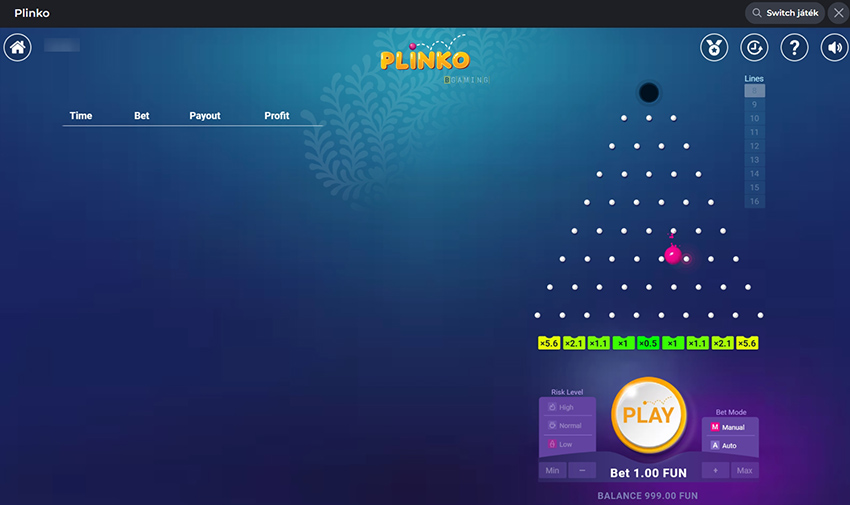 A Plinko kezelőfelülete