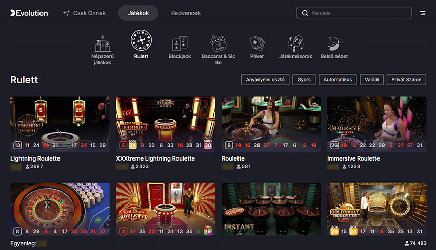 Evolution Gaming játékok