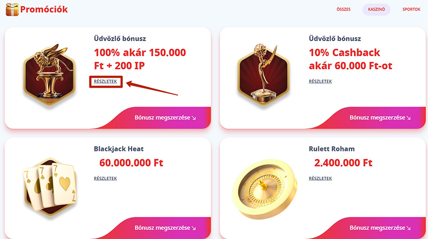 Weboldal a bónuszokkal